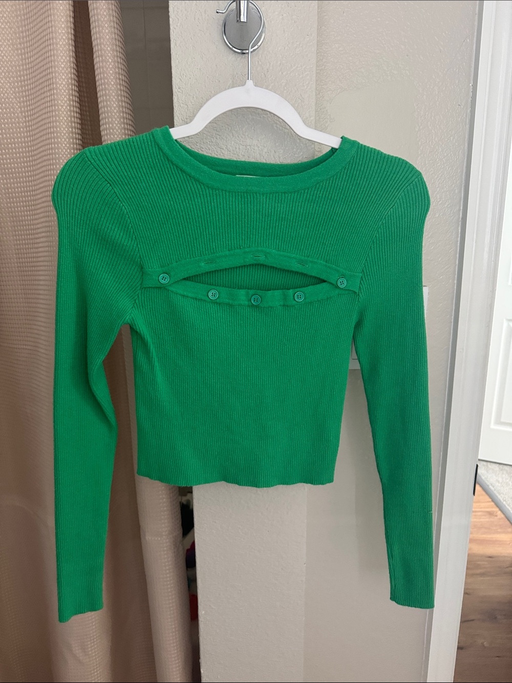 Green Ribbed Crewneck Sweater with Button-Trim Cutout